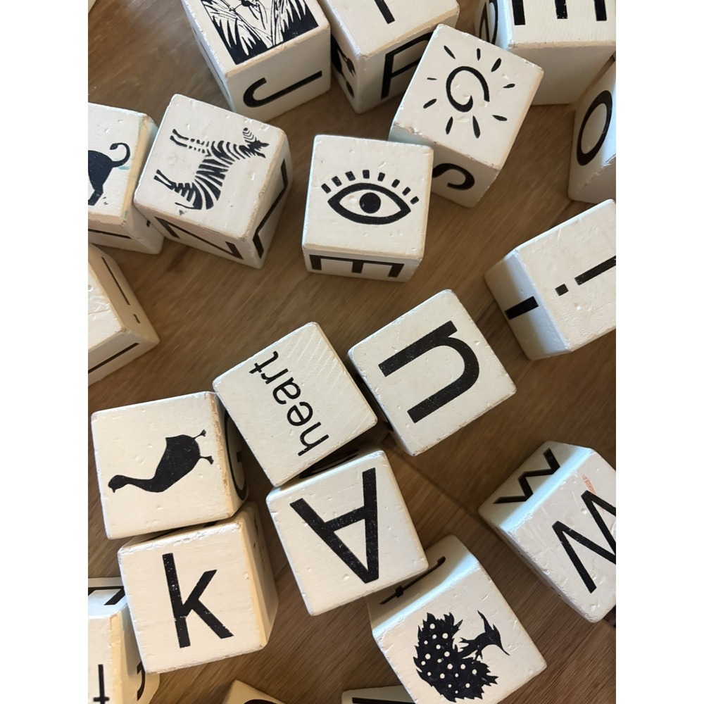 Vintage….Hand painted black and white , Wooden Alphabet  Blocks